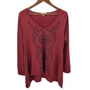 One World Live And Let Live Womens Tunic Top XL High-Low Maroon Red V-Neck